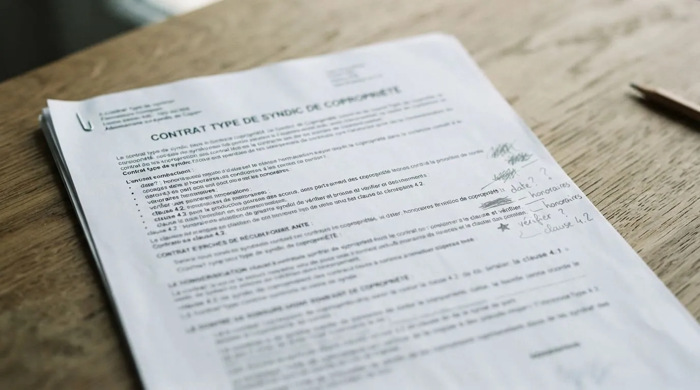 Un contrat type de syndic imprimé, agrafé, posé à plat, annoté au crayon de papier dans la marge