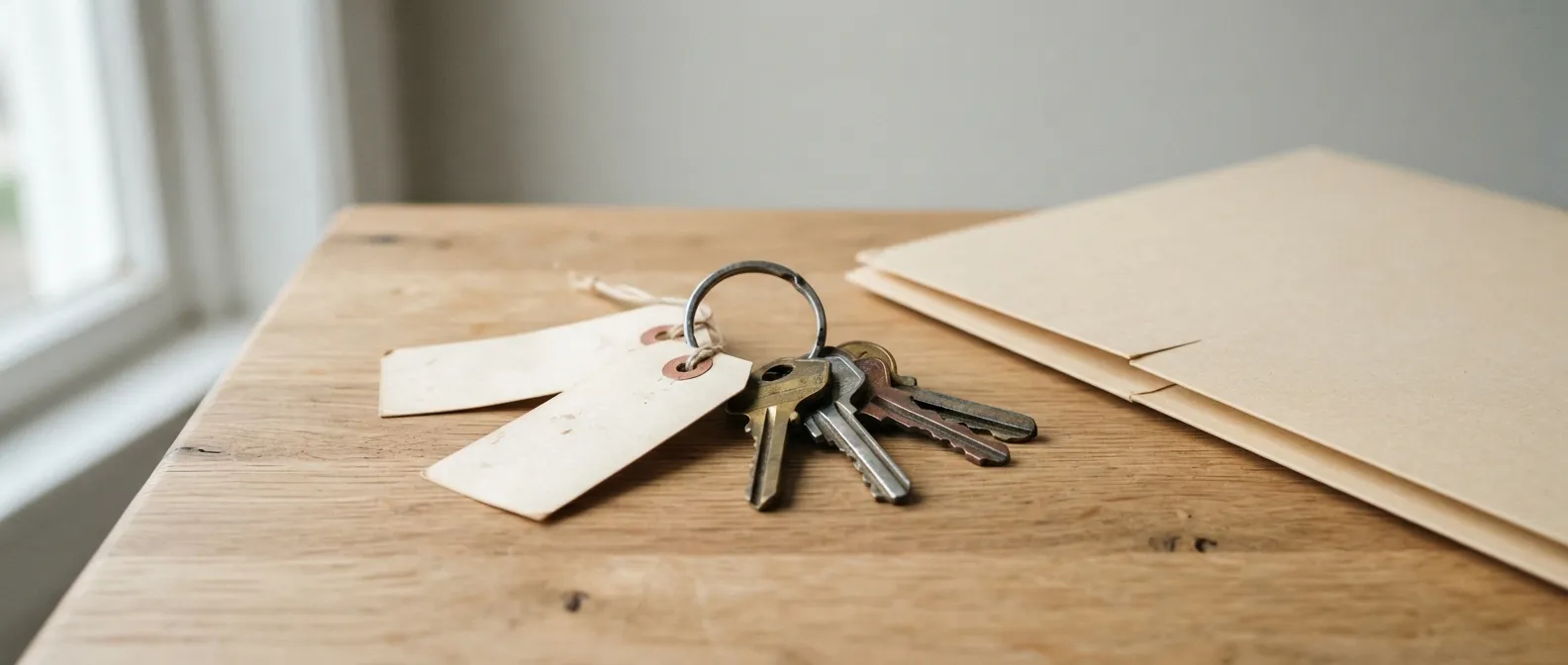 Trousseau de clés à étiquettes cartonnées posé sur un plan de travail, à côté d’une chemise fermée