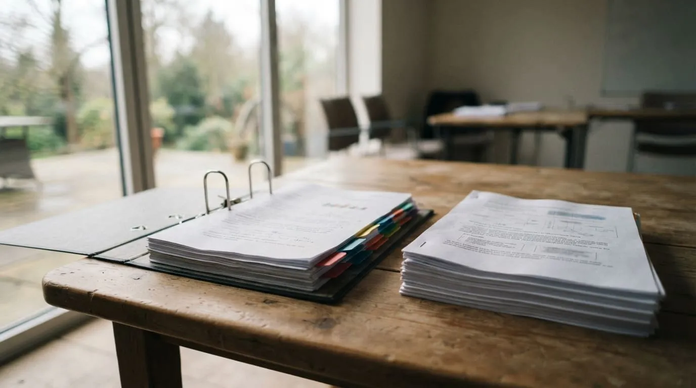 Un classeur de dossier ouvert avec ses intercalaires de couleur sur une table de salle de formation