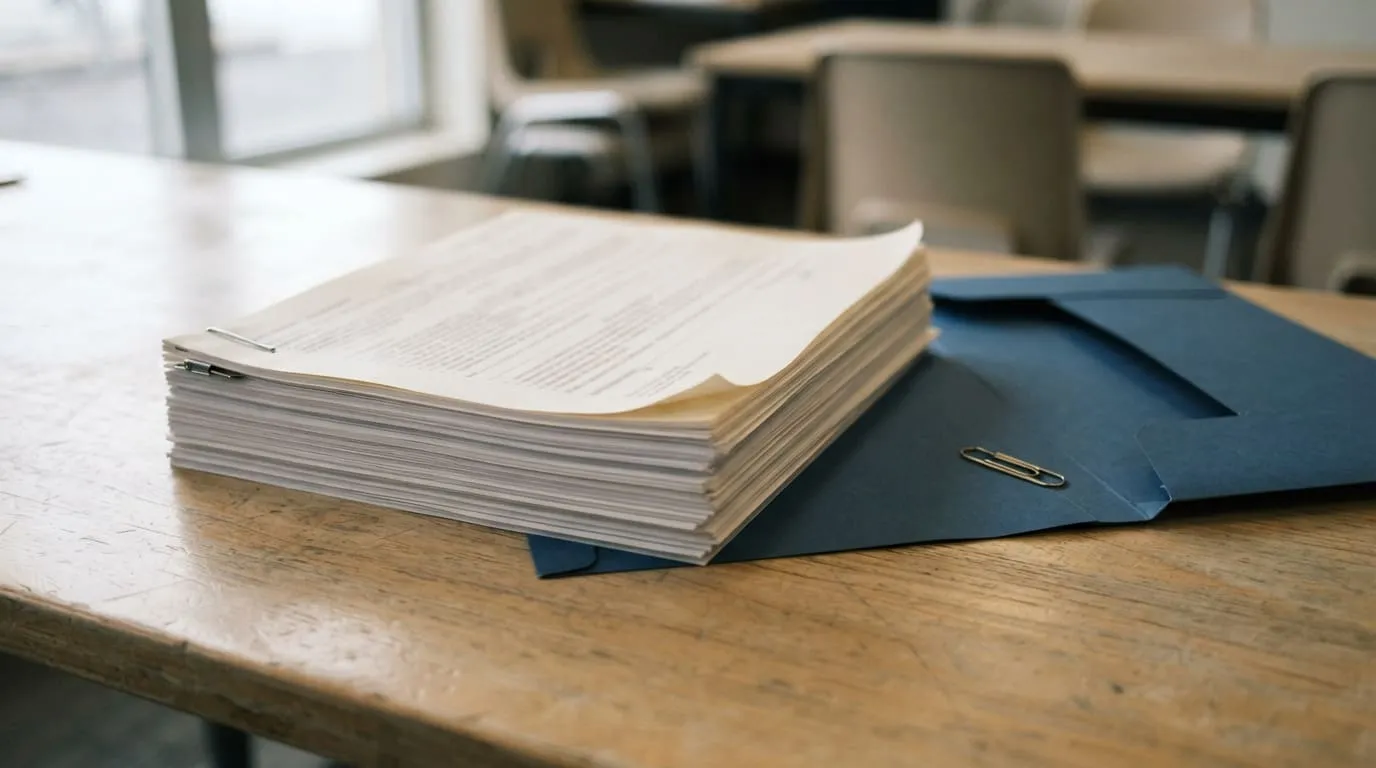 Un jeu de pièces administratives agrafées et rangées en pile sur une table de salle de formation