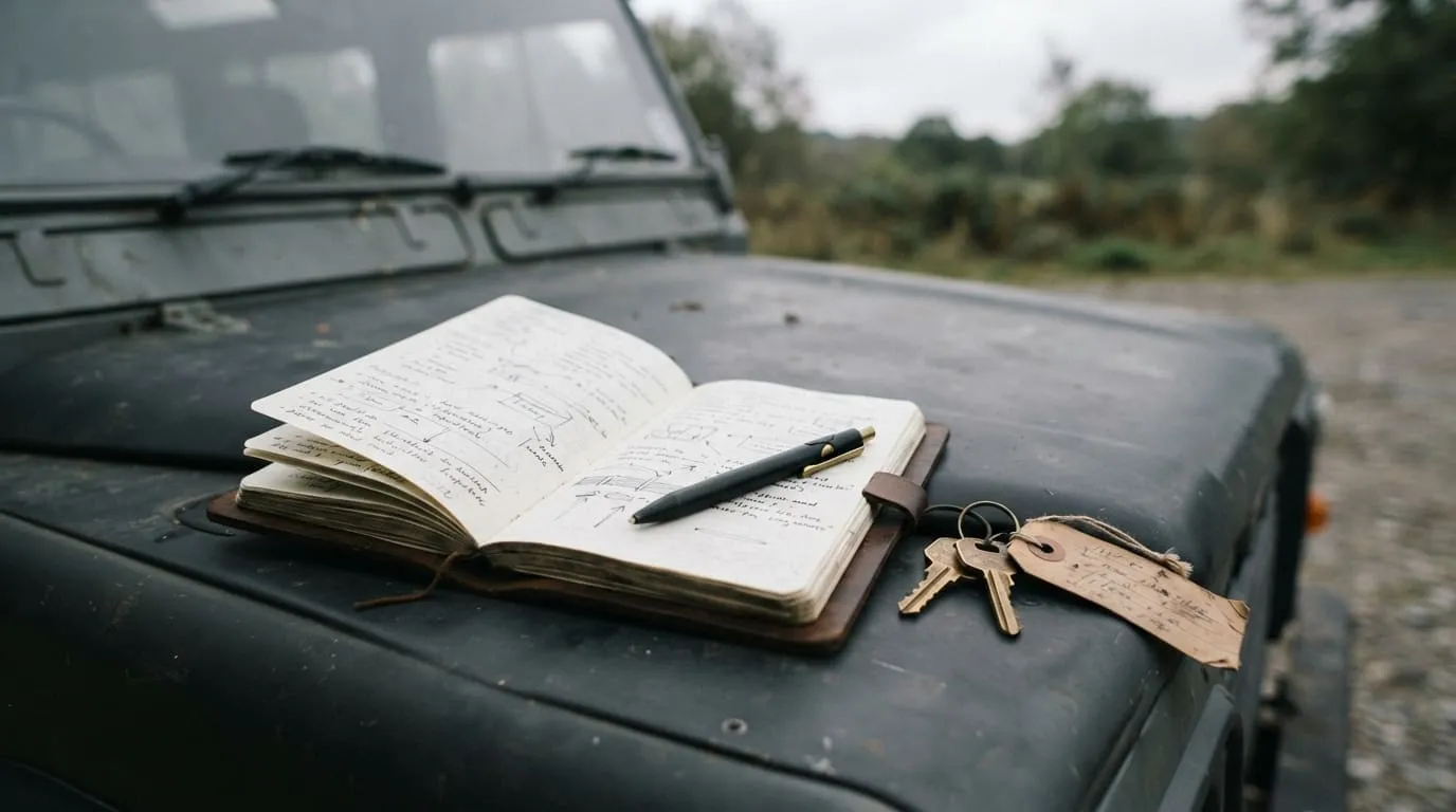 Un carnet ouvert posé sur un capot de voiture, avec un stylo et un trousseau de clés à étiquette cartonnée