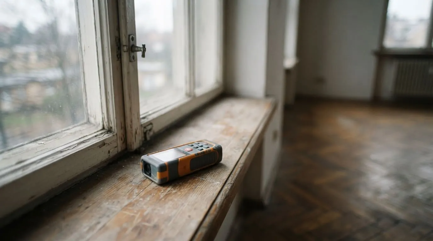 Un télémètre laser posé sur le rebord d'une fenêtre, dans une pièce vide au parquet ancien