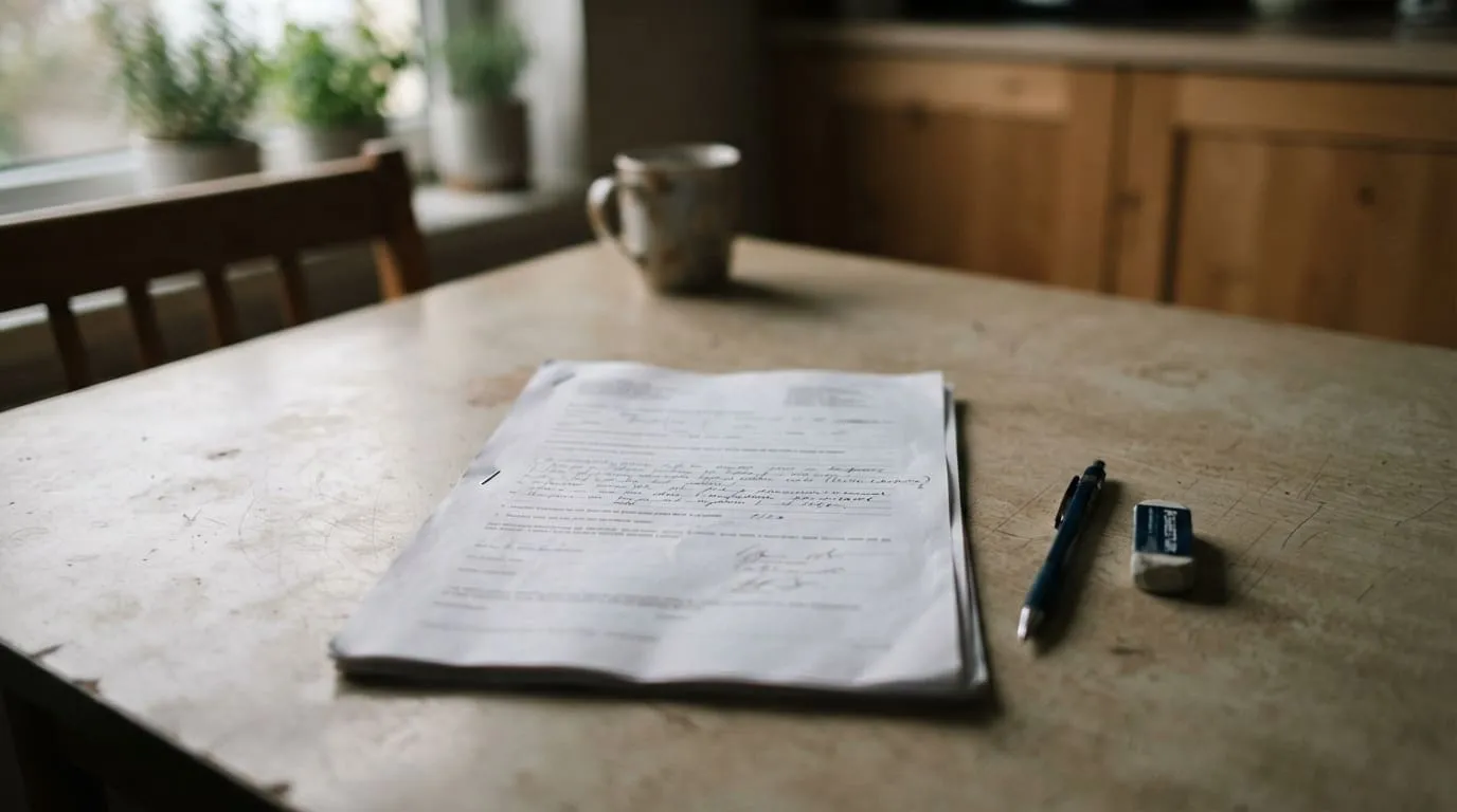 Un exemplaire papier de mandat agrafé, posé sur une table de cuisine en formica, à côté d’un porte-mine et d’une gomme