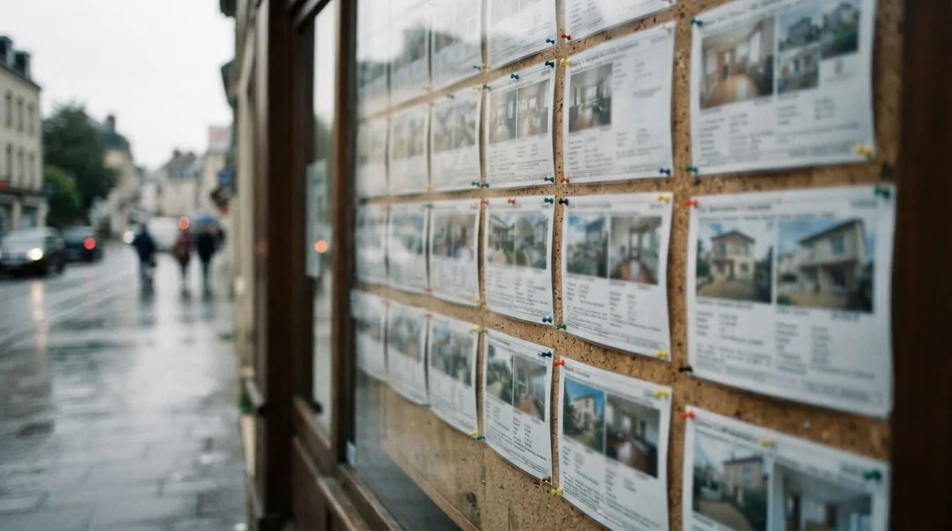 La vitrine d'une agence immobilière vue de l'extérieur, fiches punaisées derrière la vitre, reflets de la rue dessus