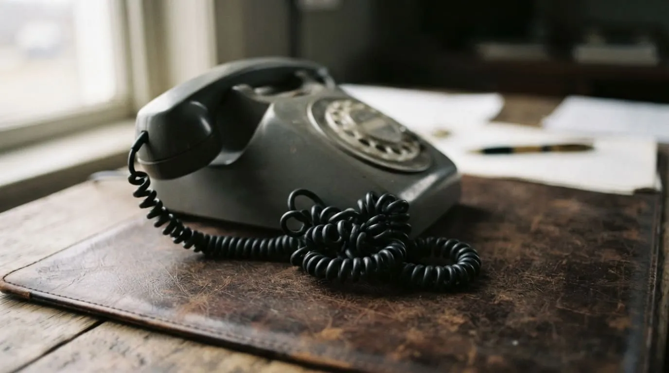 Un téléphone fixe de bureau à combiné posé sur un sous-main de cuir, cordon spiralé emmêlé
