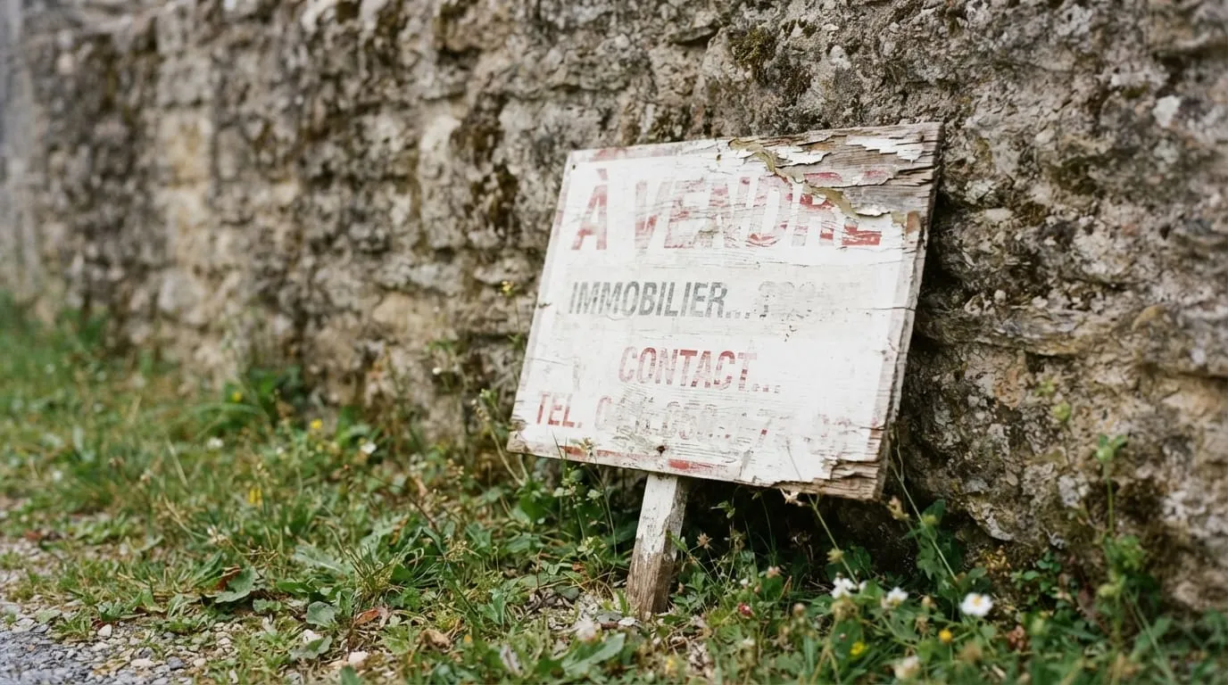 Un panneau « À vendre » d'agence posé contre un mur de pierre, la peinture écaillée sur un angle
