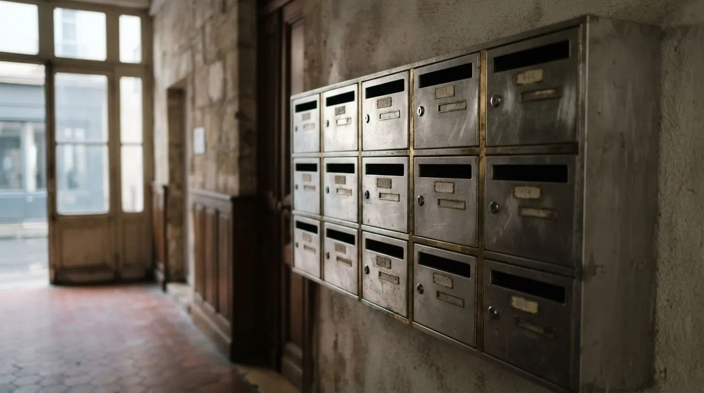 Rangée de boîtes aux lettres en métal brossé dans le hall d'un immeuble, portes closes et fentes vides.