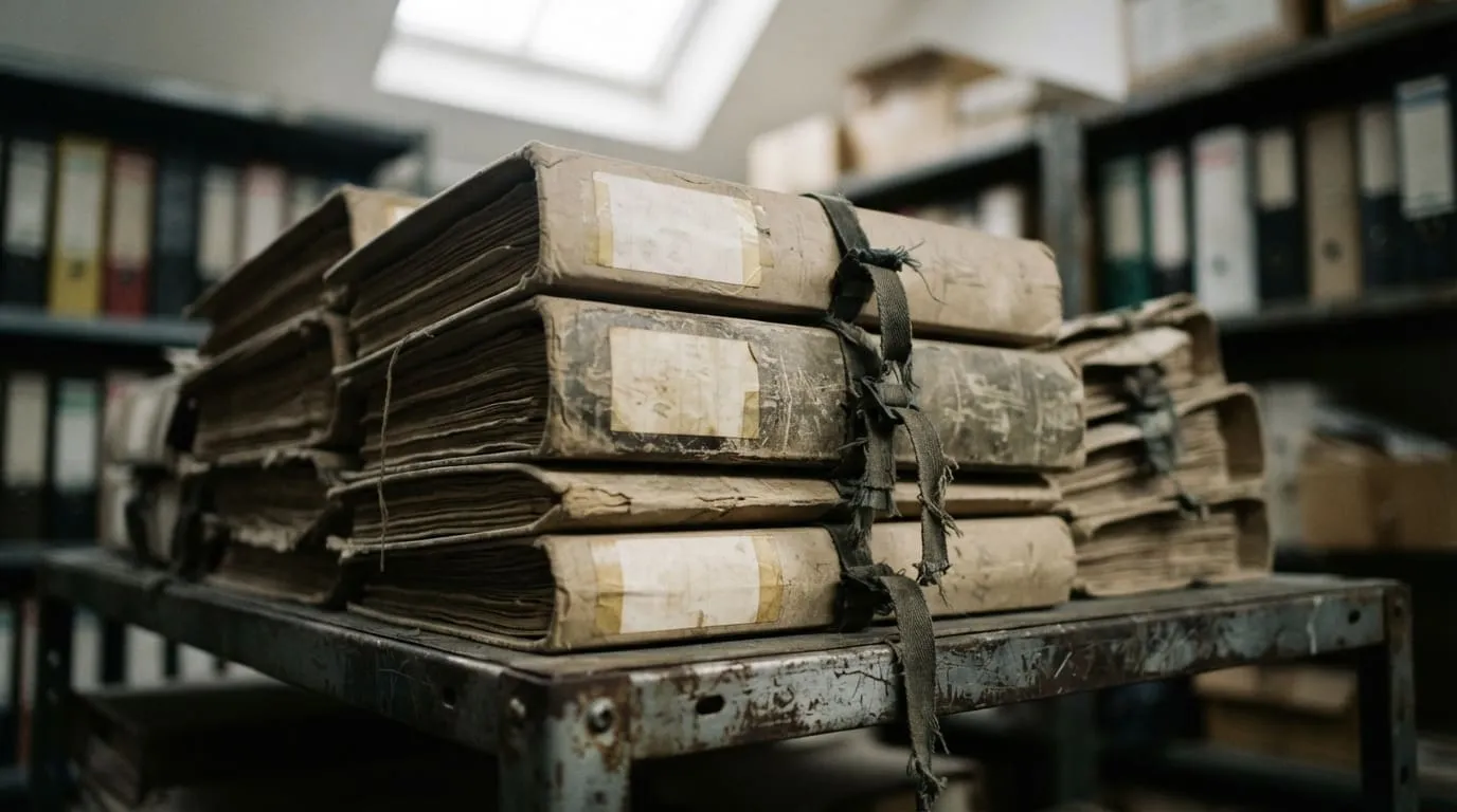 Une pile de chemises cartonnées à sangle sur une étagère métallique, tranches usées, étiquettes vierges
