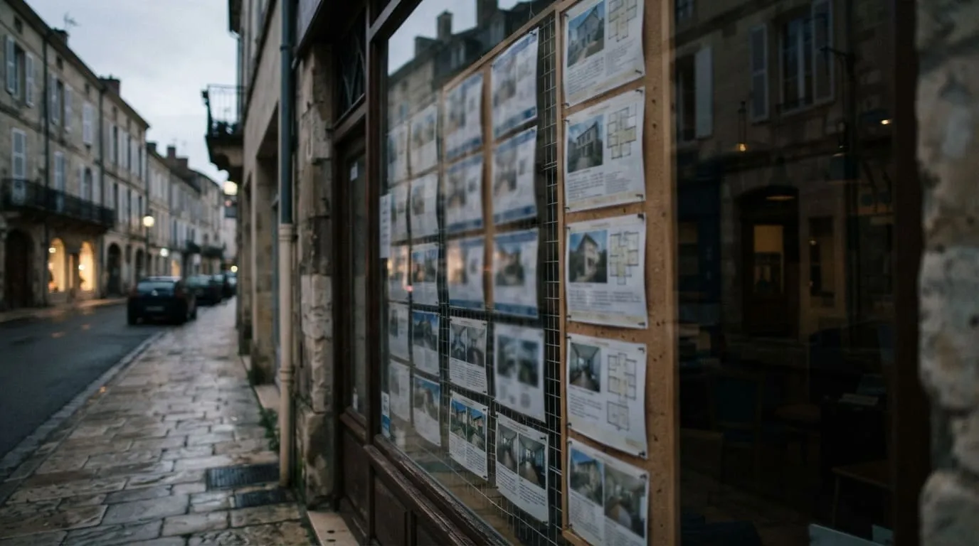Vitrine d'agence immobilière de quartier vue depuis la rue, affiches de biens et barème d'honoraires collés sur le verre