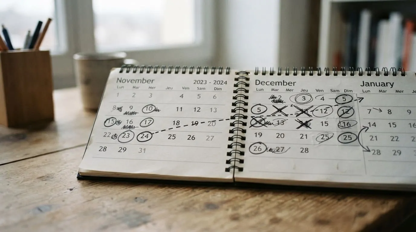 Un calendrier de bureau ouvert sur un trimestre, avec des dates entourées au feutre et des tirets reliant deux mois